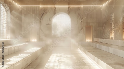 A sunlit, luxurious marble spa room emanates steam under a high ceiling, featuring arched windows and ambient lighting.