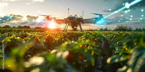 A drone flies over a lush green field, spraying pesticides or fertilizer. The image is set at sunset and the sky is a gradient of orange and yellow.