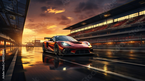 High-Performance Sports Car On Race Track During Golden Hour