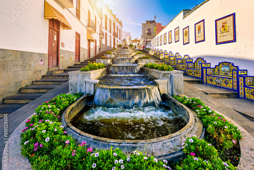 Famous Paseo de Canarias street on Firgas, Gran Canaria, Canary Islands, Spain. Fountain of natural mineral water in Firgas, Gran Canaria. Village Firgas at Gran Canaria, Paseo de Canarias
