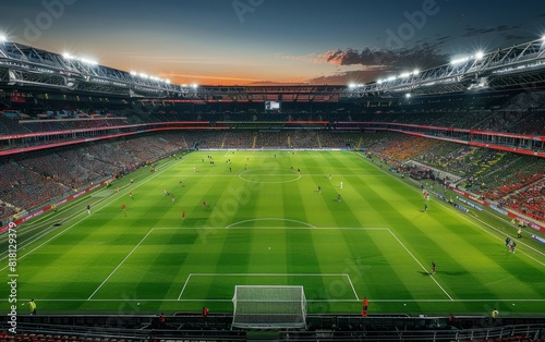 Panoramic view of a vibrant soccer stadium during a night match.