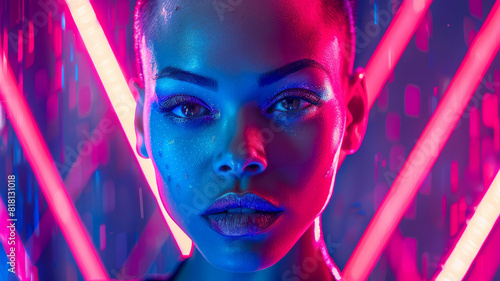 A young woman with bold makeup under neon lights, in a futuristic setting.