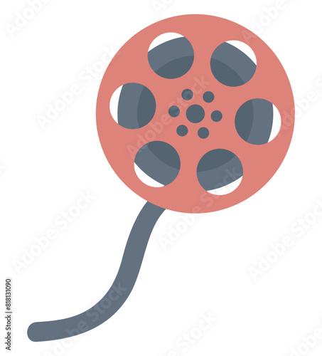 Movie reel in flat design. Retro cinema canister with footage filmstrip. Vector illustration isolated.