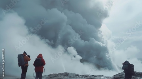 Hikers captured in awe as a geysers eruption unfolds before them
