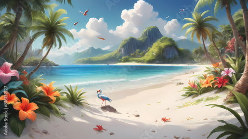 "AI Lexica, I would like to create an image of paradise. The image should depict a heavenly landscape with elements such as white sandy beaches, crystal-clear waters, palm trees, majestic mountains, a