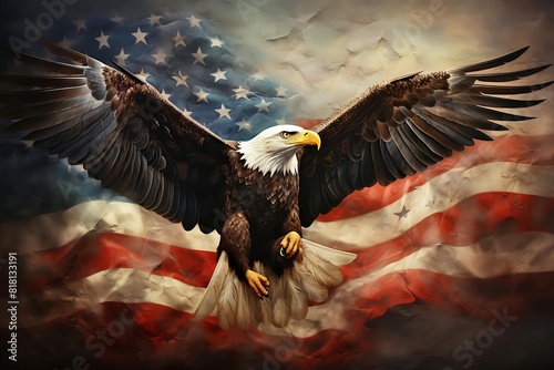 The bald eagle soars above the American flag, a symbol of freedom and patriotism.