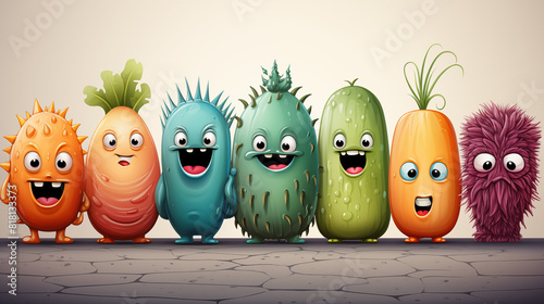 colorful illustrations of happy, funny fruit and vegetable mascots. A fresh approach to healthy eating!
