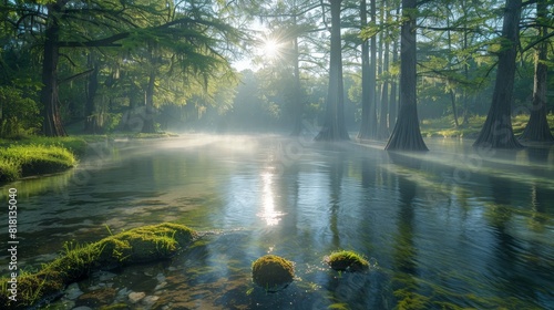 On a foggy morning, the panoramic view of Cibolo Creek is ethereal, with sunlight gradually breaking through the misty forest.