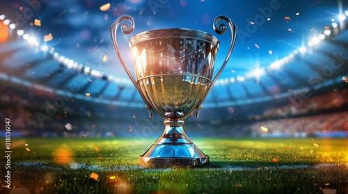 Magnificent winner cup in the stadium, theme of victory, competition.