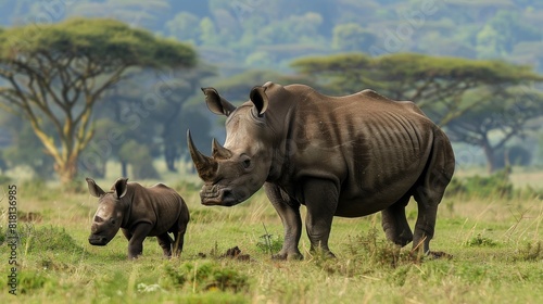 Rhinoceros with her calf in the Lake Nakuru National Park, Kenya