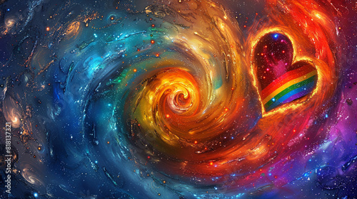 Spiral galaxy design in LGBTQ colors a heart center on the right for a universal love theme.