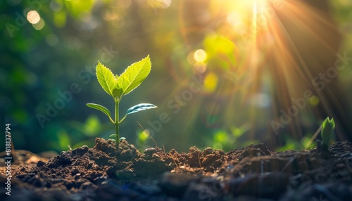 Showing financial developments and business growth with a growing tree on a coin. Planting seedling growing step in garden with sunshine. Concept of business growth, profit, Growth Financial