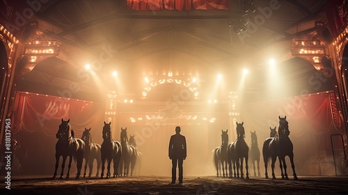 Majestic Circus Horses Performing with Trainer Under Dramatic Lighting