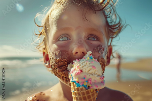 A child's face smeared with melted chocolate ice cream, their eyes wide with delight as they lick a waffle cone decorated with sprinkles, the beach stretching out behind them. 