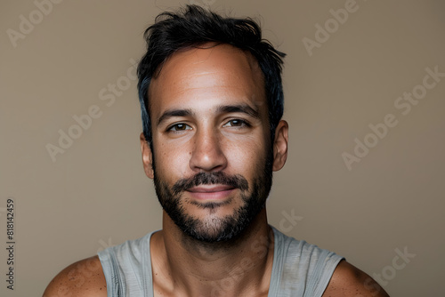 Handsome man in his 30s, on a beige background in a studio with wrinkles and causal hair, smiling and looking happy