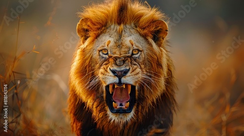 Wildlife in Action: A close-up shot of a majestic lion in the African savannah, captured mid-roar. The raw power and beauty of the animal are emphasized against the backdrop of the wild landscape