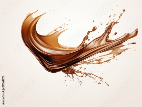 A splash of chocolate is shown in a white background. Concept of indulgence and pleasure, as the rich brown color of the chocolate contrasts with the clean, white background
