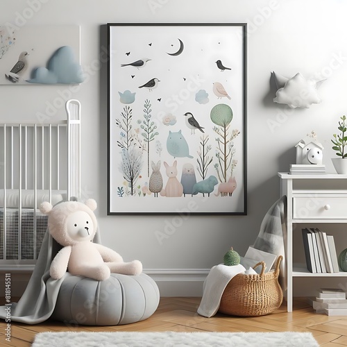 A stuffed bear sitting on a pouf next to a crib realistic harmony used for printing meaning image.