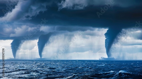 A mesmerizing display of Mother Natures power and beauty as multiple water spouts form and dissipate over the oceans surface.