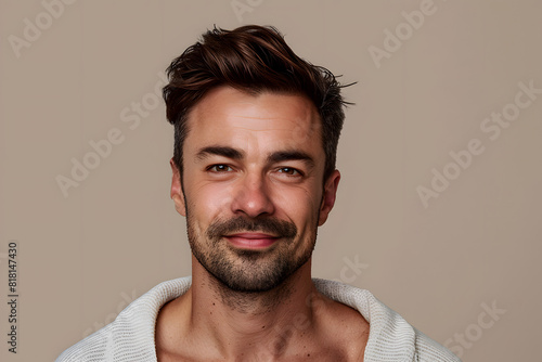 Handsome man in his 30s, on a beige background in a studio with wrinkles and causal hair, smiling and looking happy
