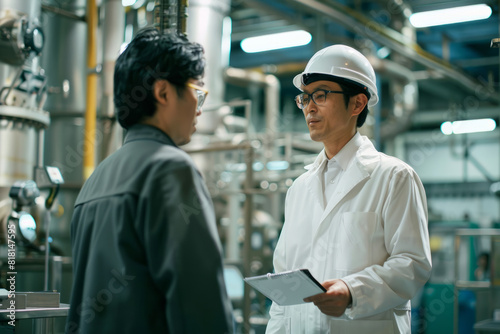Japanese male manager reprimanding an employee in a modern industrial factory. The worker is being corrected for making a mistake.