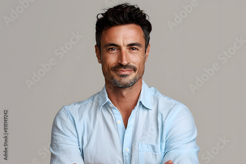 Handsome professional man in his 30s wearing shirt, on a beige background in a studio with wrinkles and causal hair, smiling and looking happy, businessman, business, meeting, causal