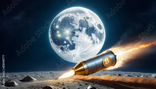 A stylized bullet rocket emblazoned with the Bitcoin logo soars towards a large, detailed moon in a dramatic night sky, illustrating cryptocurrency's ambitious reach.