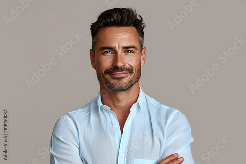 Handsome professional man in his 30s wearing shirt, on a beige background in a studio with wrinkles and causal hair, smiling and looking happy, businessman, business, meeting, causal
