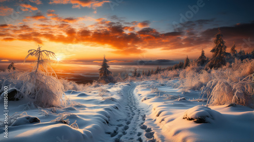 Idyllic Panoramic View of Snowy Landscape at Sunset with Footprints in the Snow