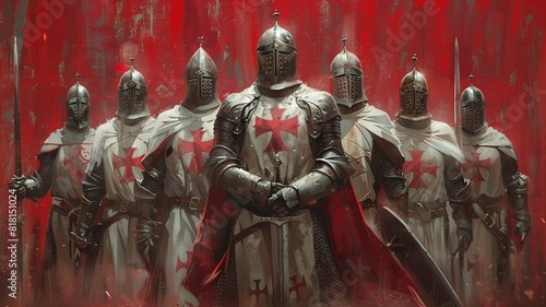 A minimalist illustration of Templar knights, utilizing clean lines and sparse details to portray the essence of their order and chivalry, capturing the iconic imagery of knights in armor