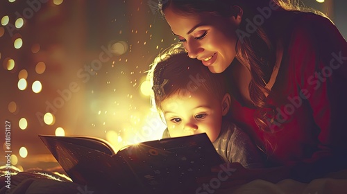 Mother reading bedtime story to her little child. Spend time with family