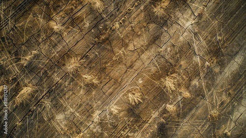 The image is of a wooden surface with a lot of scratches and marks