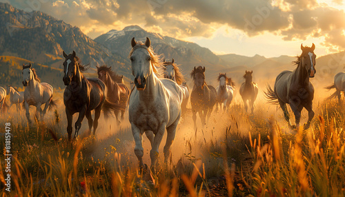 A cowboy leading a herd of wild horses close up, freedom, dynamic, manipulation, mountain range