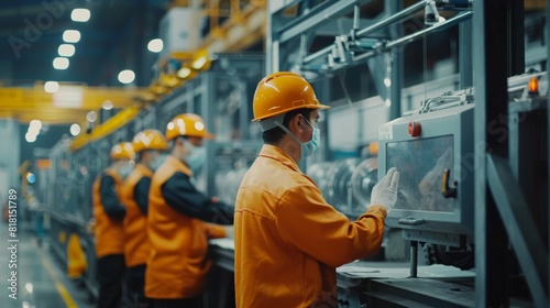 Engineers and factory managers wearing safety helmet inspect the machines in the production. inspector opened the machine to test the system to meet the standard. machine, maintenance.