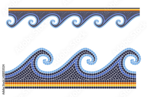 Ancient mosaic wave, seamless sea border in portuguese style, decorative tessellation stone ornament, vector