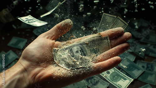 Money notes on a human hand gradually turn into particles and disappear, representing the impact of taxes, inflation, or the cost of living on income.