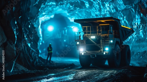 A miner looks at a giant mining truck in an underground mine. 