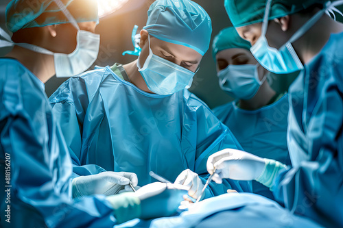 Operating room staff with mask and blue scrubs performing hospital surgery