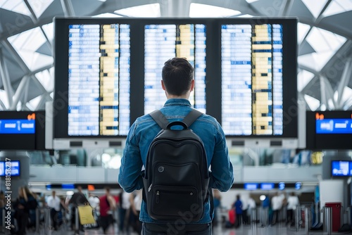 Man waits in front of flight display, surrounded by bustling airport ambiance