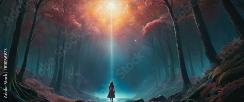 A young girl stands alone in a mystical autumn forest with vibrant red trees and a mysterious light ahead.