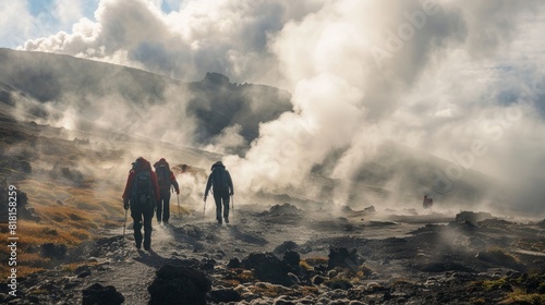 A group of hikers cautiously approach a fumarole enveloped in a cloud of steam.