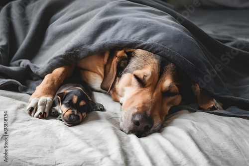 Large dog naps under gray blanket, small puppy beside it on white bedspread