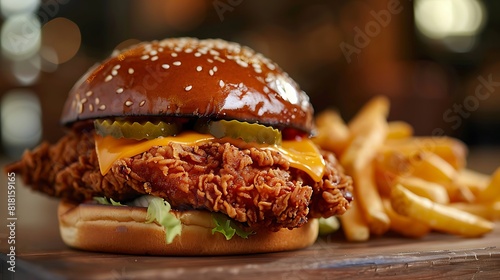 Gourmet fried chicken burger in artisanal brioche bun with cheese slice and organic pickles and ferments in fast food wrapper with crinkle cut French fries in background