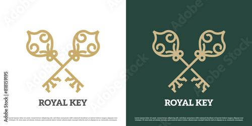 Royal key logo design illustration. Silhouette of the keys object kingdom keyhole treasure jewelry accessories relic. Simple flat symbol minimal old classic vintage luxury elegant geometric glamour.
