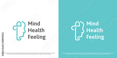 Mind health logo design illustration. Silhouette of human head face plus cross mental medical care support mind awareness pensive cerebral feelings neurology. Minimal simple people icon symbol.