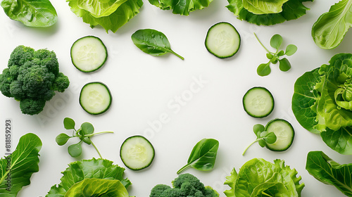 Fresh green vegetables arranged on white background with space for text