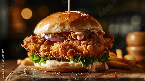 Gourmet fried chicken burger in artisanal brioche bun with...,