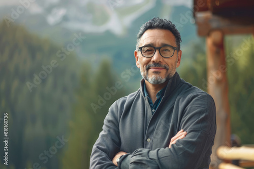 A Latino CEO, hosting a corporate retreat in a picturesque mountain lodge, fostering team bonding and strategic alignment amidst breathtaking natural scenery, his charismatic leadership inspiring