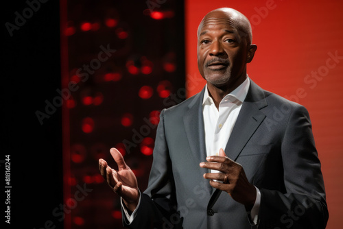 A poised African American businessman, delivering a captivating TED talk on leadership and resilience, his inspiring journey from adversity to success serving as a beacon of hope for aspiring