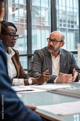 A team of diverse employees convenes in an office for a discussion, meeting, and collaboration on project development. Seated at a table, they engage in constructive dialogue and exchange ideas,